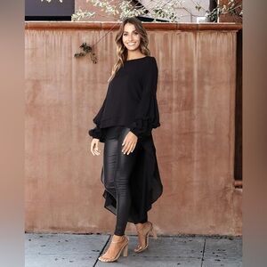 Black High-Low Blouse with Puff Sleeves